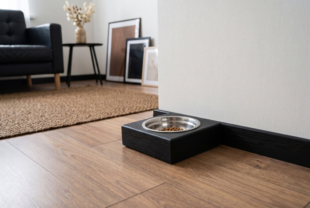Handmade wooden elevated cat bowl stand with two stainless steel bowls