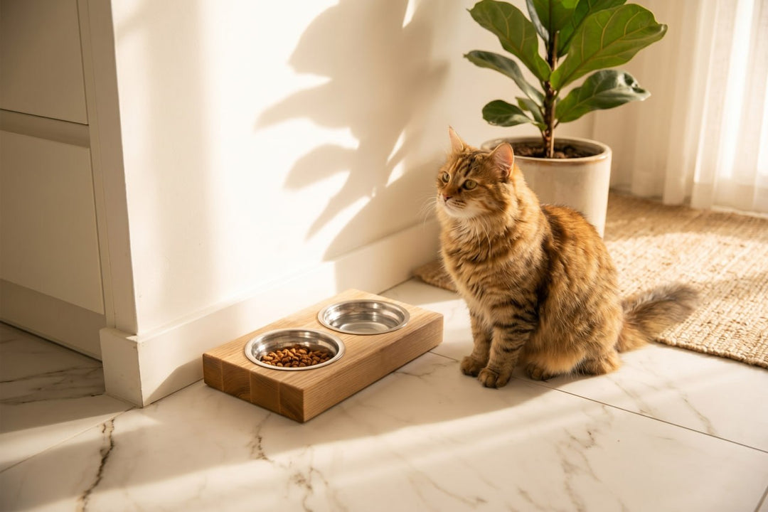 Handmade wooden elevated cat bowl stand with two stainless steel bowls