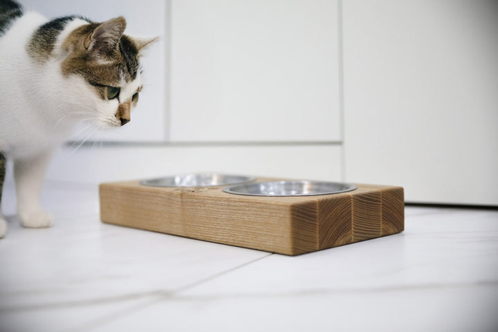 Handmade wooden elevated cat bowl stand with two stainless steel bowls